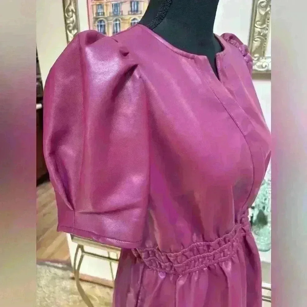 Women's Faux Leather Puff-Sleeve Dress — Bordeaux - Picture 4 of 13